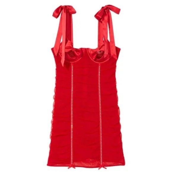 New! Victorias Secret Wicked Open-Cup Bling Ruched Slip Red 31602 - Picture 1 of 13